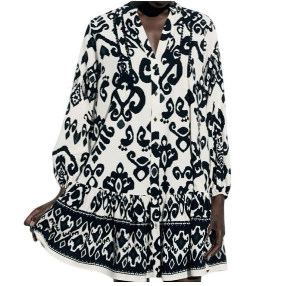 Zara Black and White Ikat Print Babydoll Mini Dress